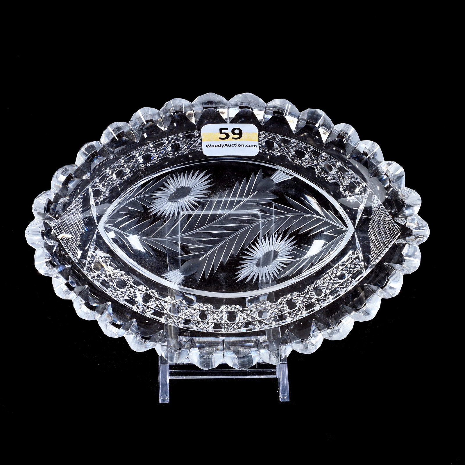 Oval Nut Dish, American Brilliant Cut Glass, Engraved Floral With Cane Border: Oval Nut Dish, American Brilliant Cut Glass, Engraved Floral With Cane Border, 6"x 4.25", Thick And Clear Blank, Georgia Private Collection.