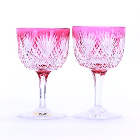 Pair Wine Stems, American Brilliant Cut Glass, Cranberry Cut To Clear