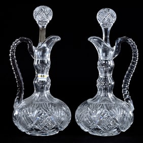 Pair Double Gooseneck Decanters, Brilliant Period Cut Glass, Pattern 2900/17 By Val St. Lambert