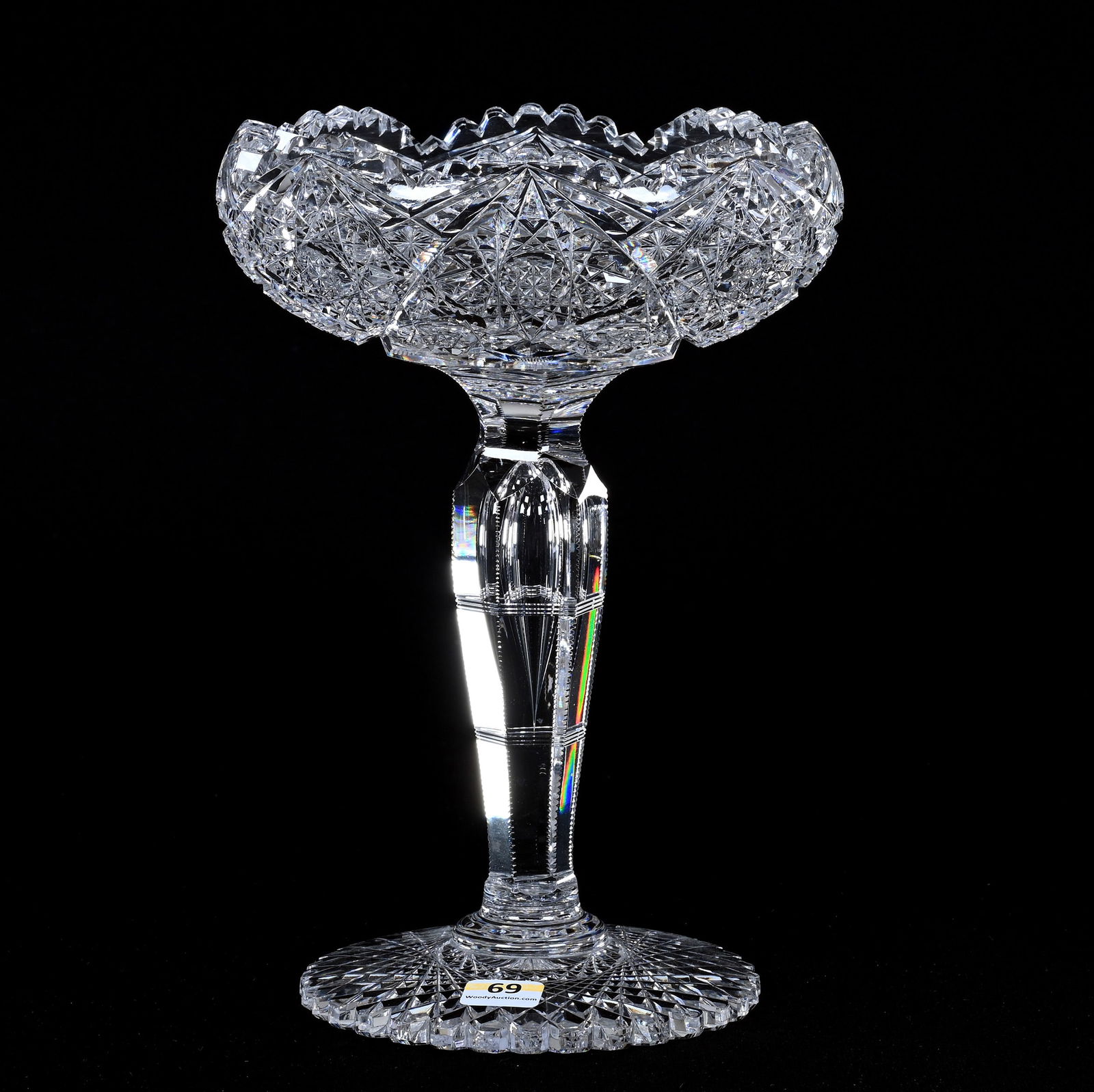 Compote, American Brilliant Cut Glass: Compote, American Brilliant Cut Glass, 10" x 7", Hobstar, Crosshatch, And Star Motif, Teardrop Stem, Scalloped Hobstar Foot, Nice Example, Rim Nick, Georgia Private Collection.