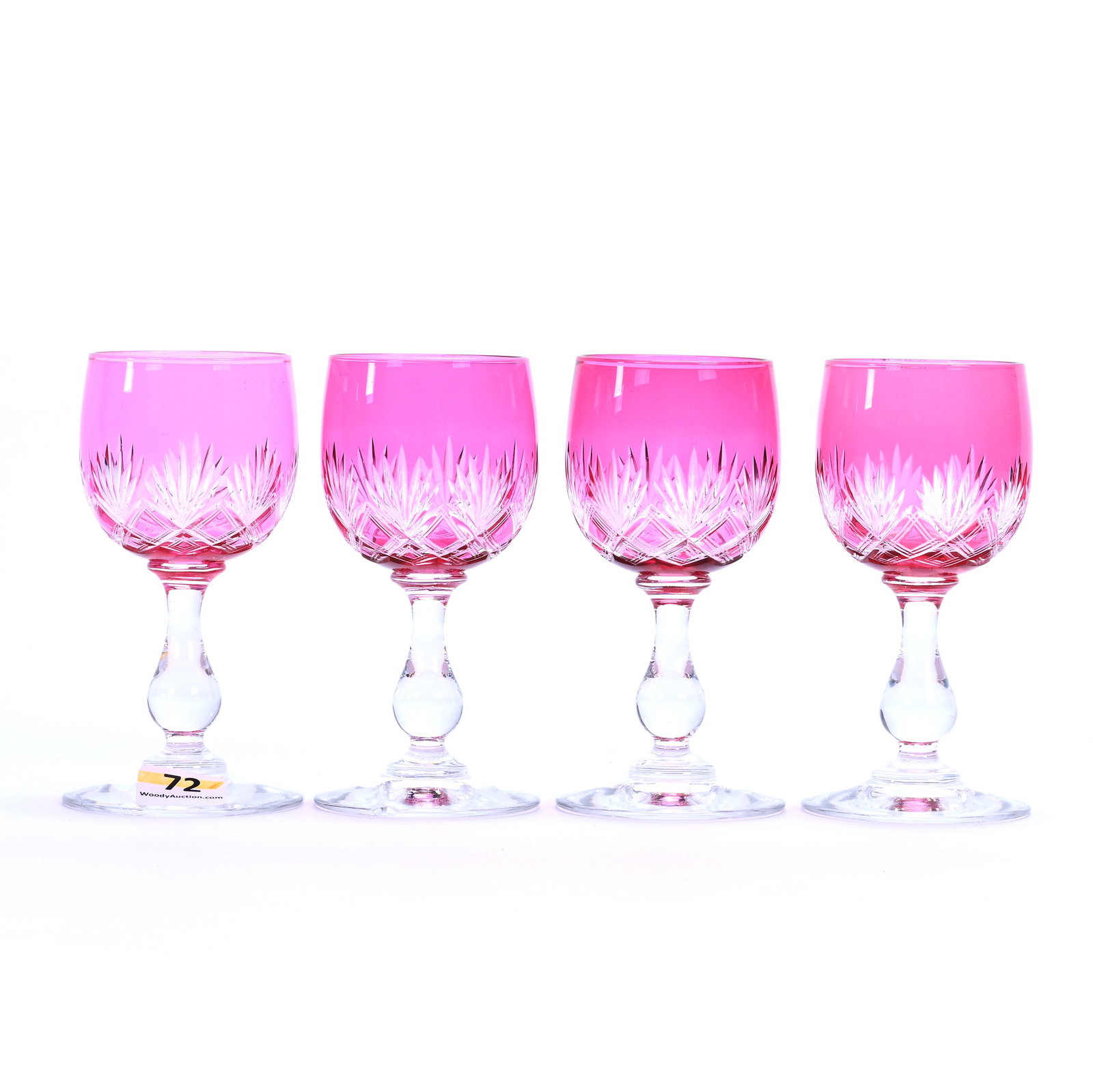 (4) Wine Stems, Brilliant Period Cut Glass, Cranberry Cut To Clear: (4) Wine Stems, Brilliant Period Cut Glass, Cranberry Cut To Clear, 4.5" x 2.25", Kite, Miter, And Fan Motif, Uncut Stem And Foot, One With Base Chip, Georgia Private Collection.