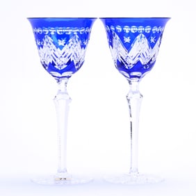Pair Wine Stems, Cut Glass, Cobalt Blue Cut To Clear
