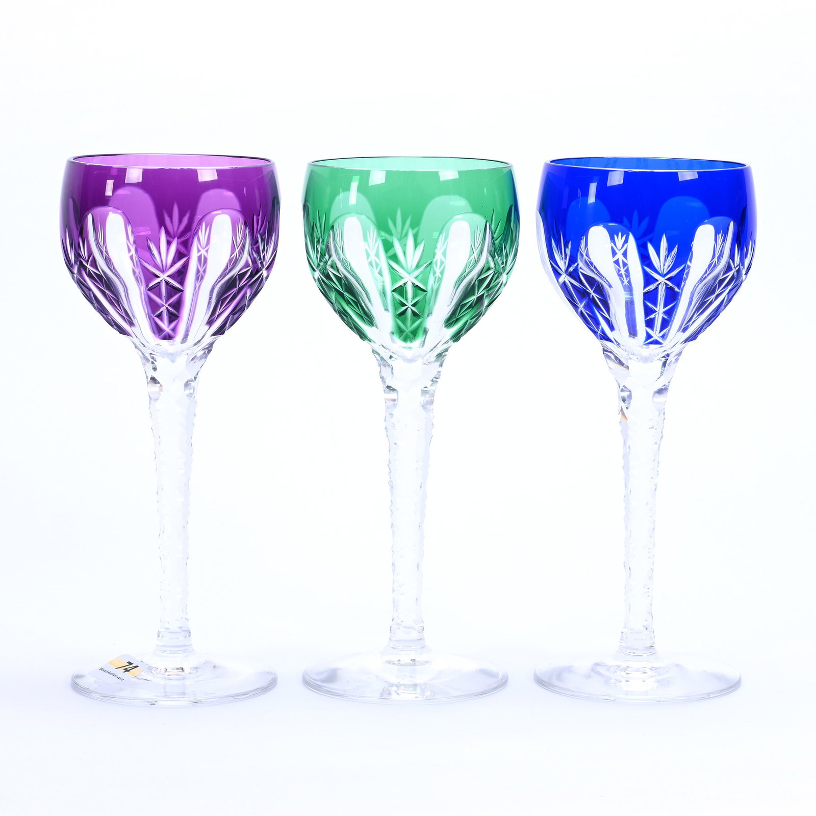 (3) Wine Stems, Cut Glass, Color Cut To Clear: (3) Wine Stems, Cut Glass, Color Cut To Clear, 7.5" x 3", Flute, Miter, And Fan Motif, Diamond Cut Stem, Uncut Foot, European Maker, Colors Include Cobalt, Green, And Amethyst, Georgia Private Collect