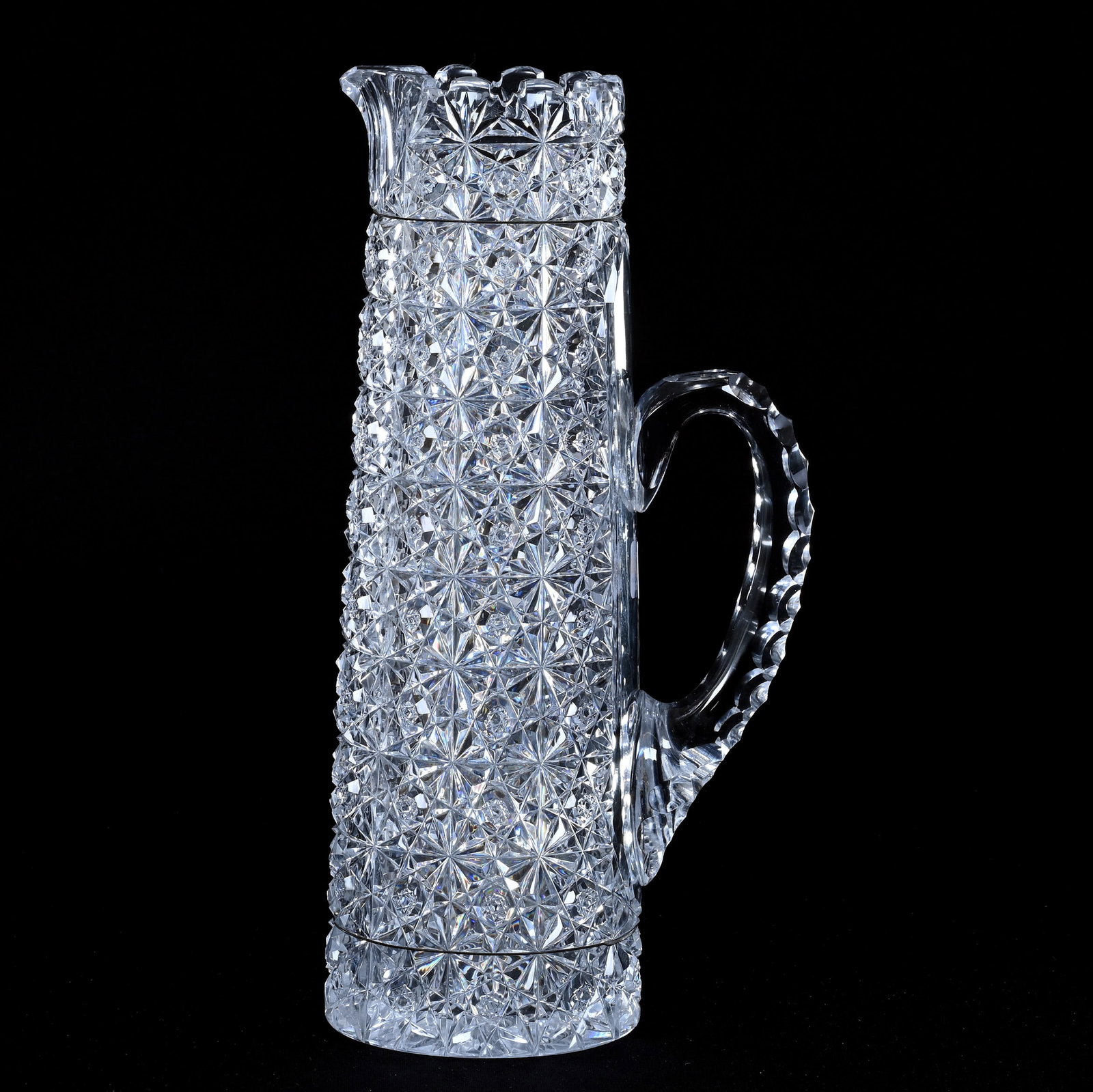 Tankard, American Brilliant Cut Glass, Persian Pattern With Old Time Repair: Tankard, American Brilliant Cut Glass, Persian Pattern With Old Time Repair, 11.5" x 5.75", Serious Body Crack That Has Been Wrapped With Wire On Lower And Upper Portion Of Tankard, Great Example Of A