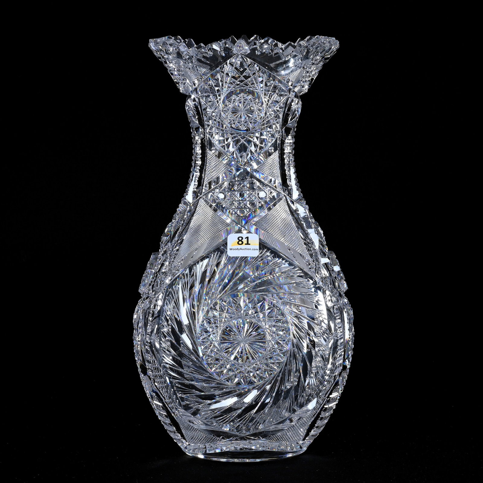 Vase, American Brilliant Cut Glass, Pinwheel, Hobstar, Cane, Crosshatch, Nailhead Diamond, Star, And: Vase, American Brilliant Cut Glass, Pinwheel, Hobstar, Cane, Crosshatch, Nailhead Diamond, Star, And Prism Motif, 12" x 6.5", Hobstar Base, One Tooth Outside Rim Chip, Georgia Private Collection.