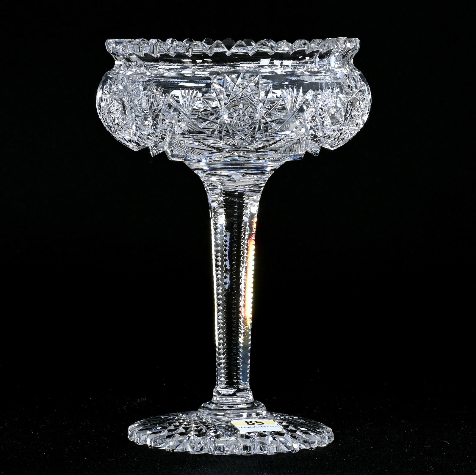 Compote, American Brilliant Cut Glass: Compote, American Brilliant Cut Glass, 8" x 5.25", Hobstar, Crosshatch, Prism, And Fan Motif, Solid Notched Stem, Scalloped Hobstar Foot, One Tooth With Polish Rim Repair, Georgia Private Collection.