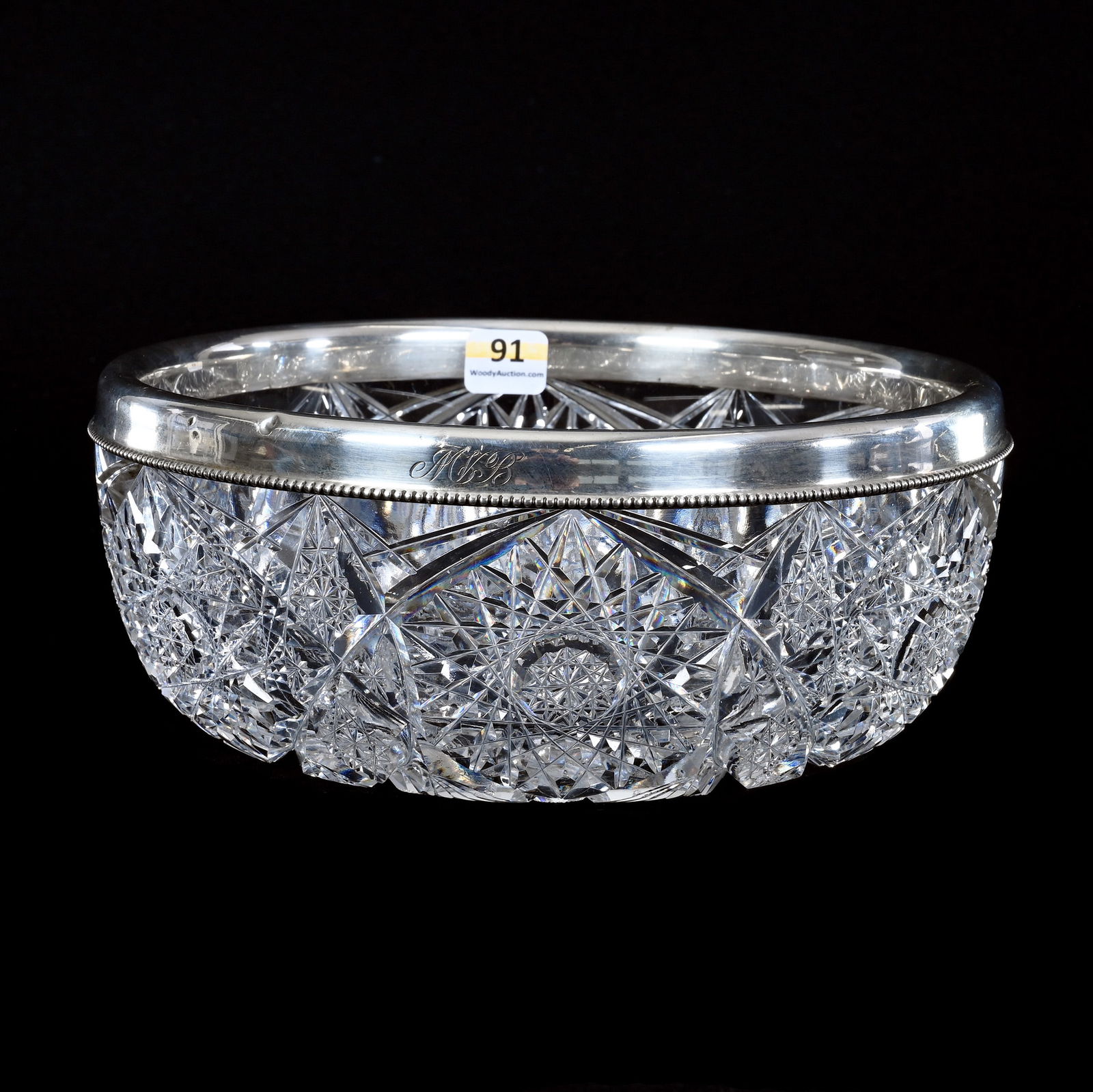 Bowl, American Brilliant Cut Glass: Bowl, American Brilliant Cut Glass, 3.75" x 9", Hobstar, Vesica, Crosshatch, And Fan Motif, Gorham Sterling Silver Rim, Minor Pings On Rim, Georgia Private Collection.