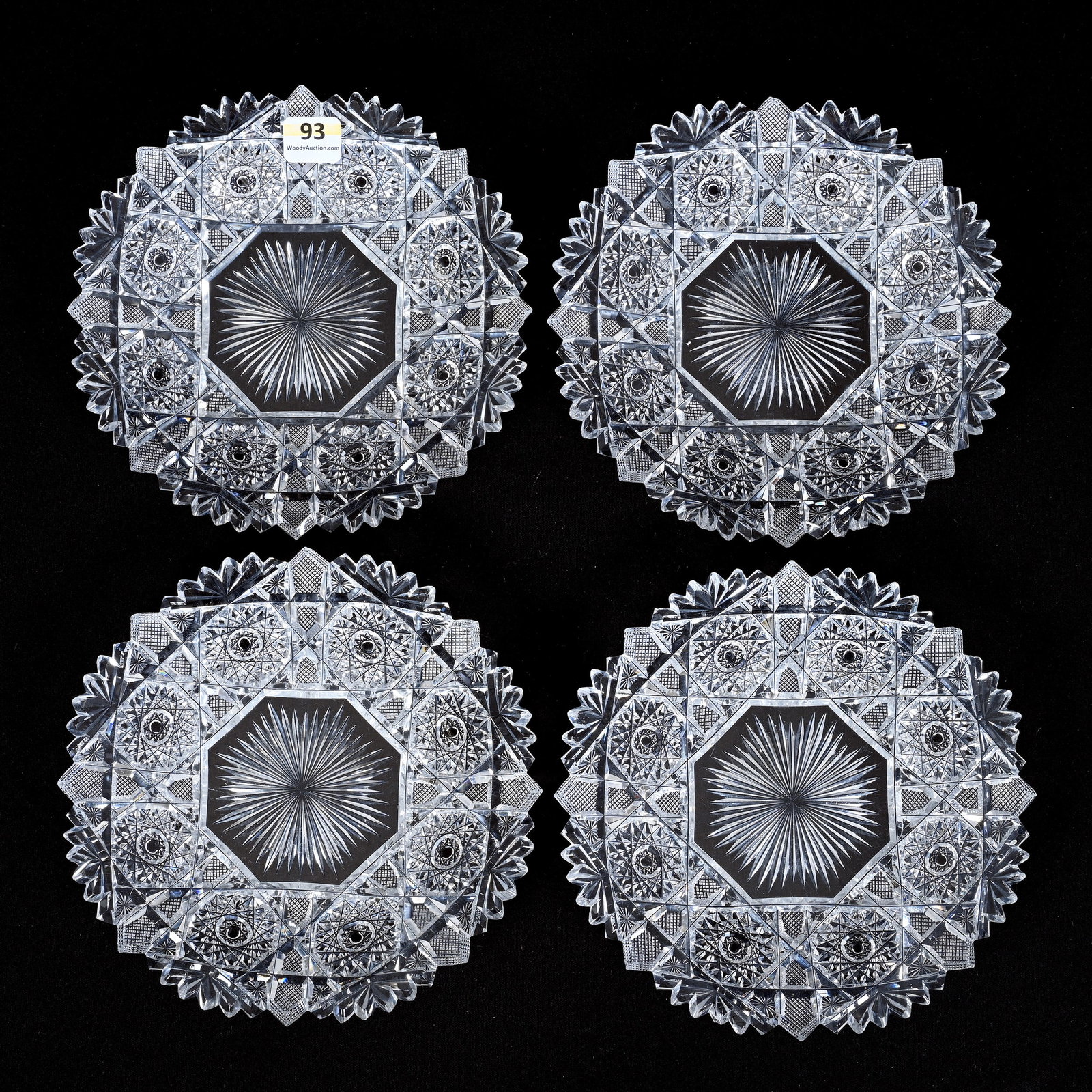 (4) Plates, American Brilliant Cut Glass: (4) Plates, American Brilliant Cut Glass, 7", Hobstar With Clear Buttons, Crosshatch, Star, And Fan Motif, Raycut Center, Two Plates With Rim Chips, Georgia Private Collection.