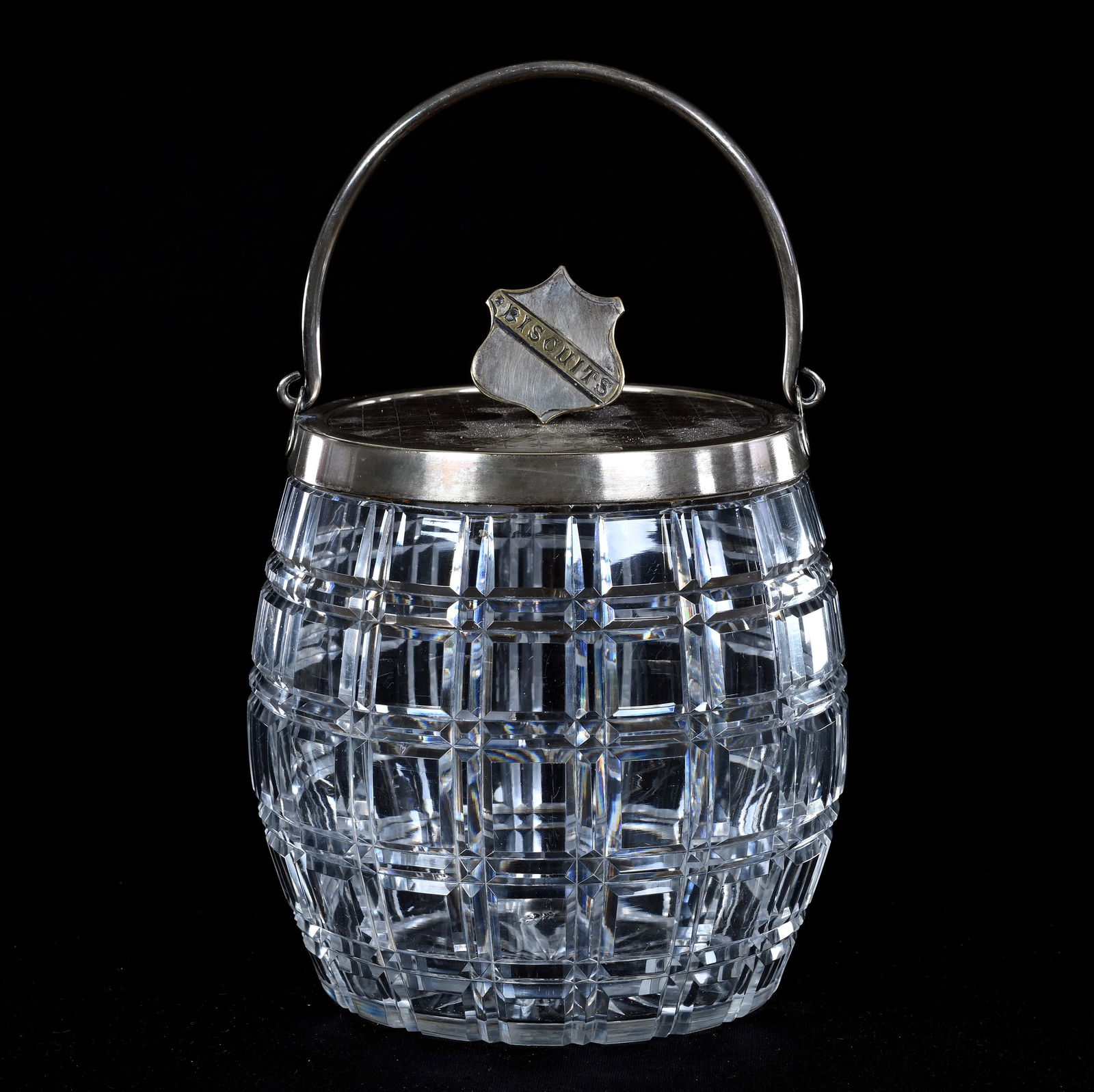 Biscuit Jar, American Brilliant Cut Glass: Biscuit Jar, American Brilliant Cut Glass, 6.5" x 5", Block Pattern With Silverplate Lid And Bail, Figural Shield Finial Labeled "Biscuits", Georgia Private Collection.