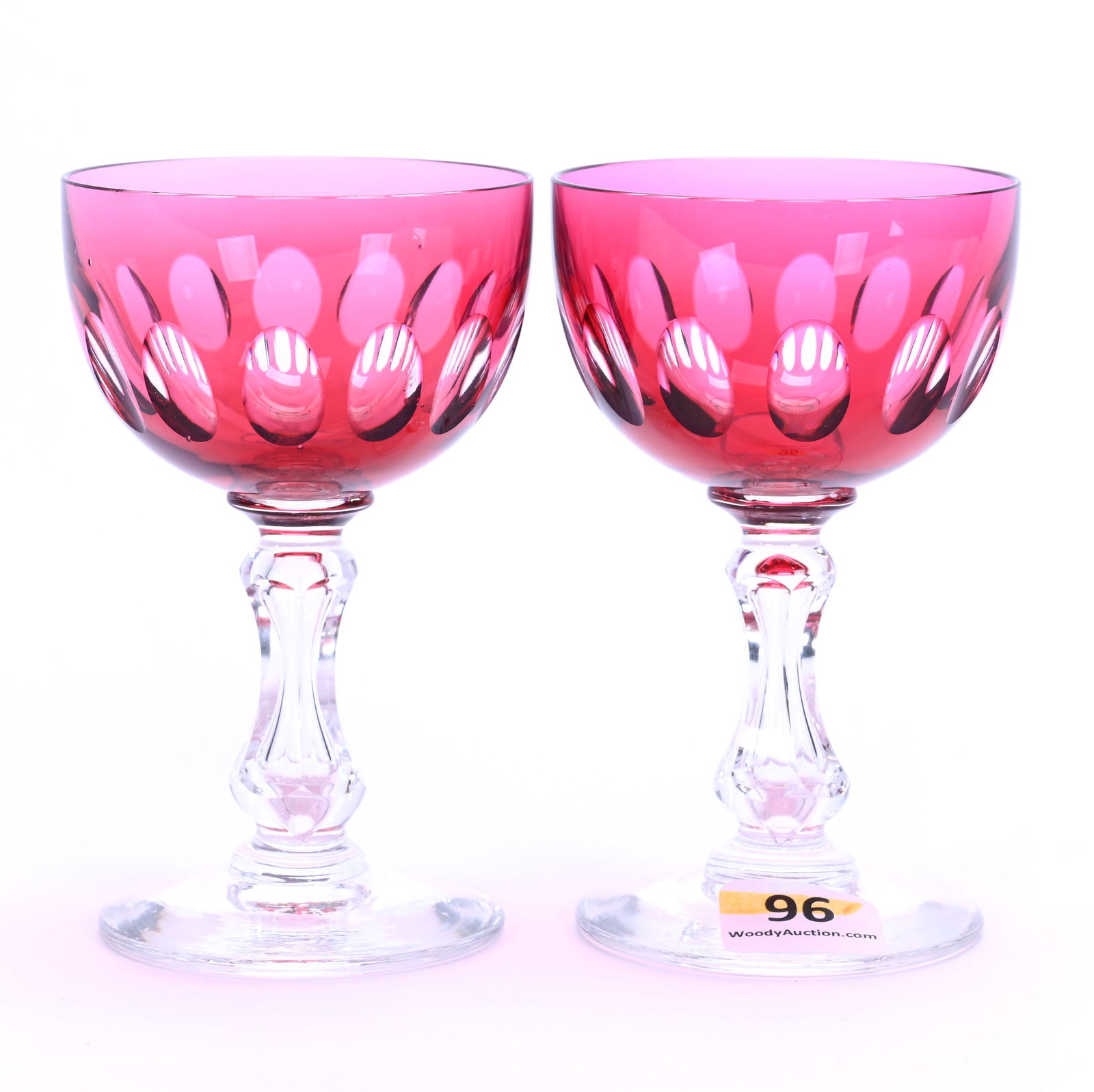 Pair Wine Stems, Brilliant Period Cut Glass, Red Cut To Clear: Pair Wine Stems, Brilliant Period Cut Glass, Red Cut To Clear, 4.25" x 2.5", Oval Windows With Apple Core Stem, Uncut Foot, Georgia Private Collection.
