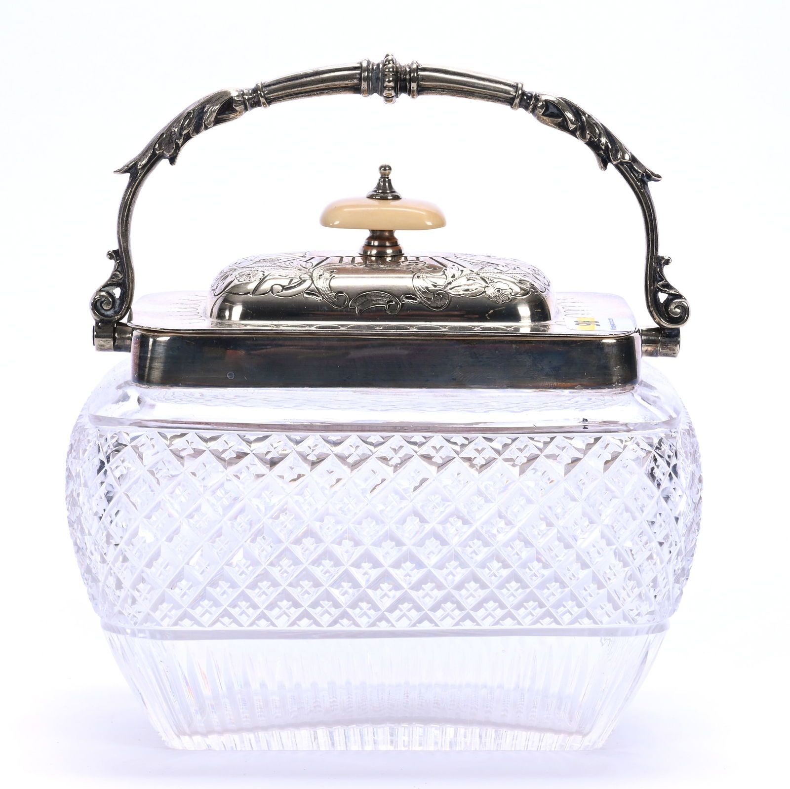 Biscuit Jar, Brilliant Period Cut Glass: Biscuit Jar, Brilliant Period Cut Glass, 6" x 6.5" x 4.5", Crosscut Diamond And Vertical Miter Motif, Silverplate Lid And Bail With Bone Finial, Georgia Private Collection.