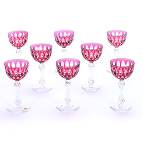 (8) Wine Stems, Brilliant Period Cut Glass, Red Cut To Clear