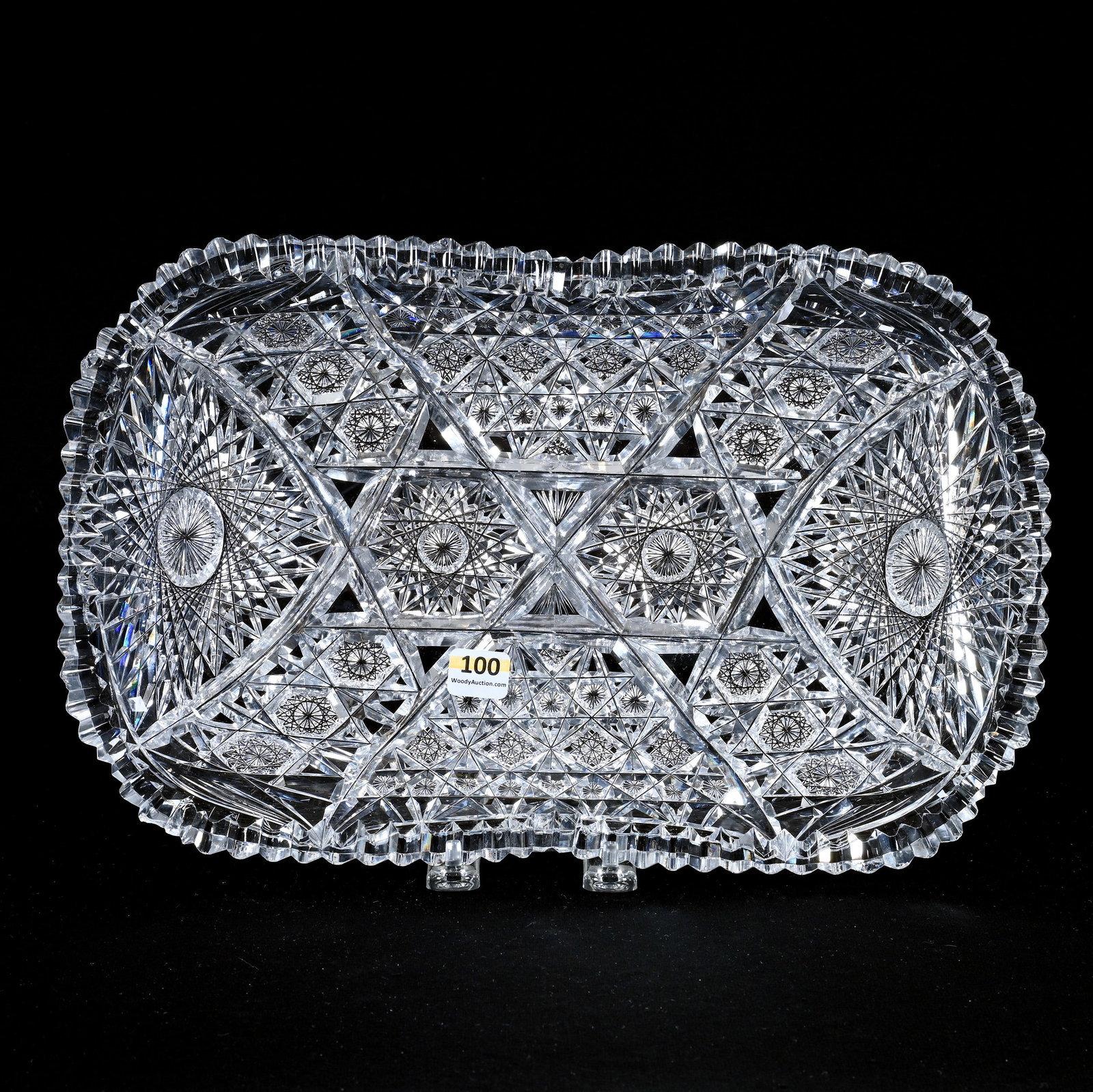 Rectangular Serving Tray, American Brilliant Cut Glass: Rectangular Serving Tray, American Brilliant Cut Glass, 14" x 9", Hobstar, Cluster, And Fan Motif, Heavy Blank, One Tooth Chip, Georgia Private Collection.