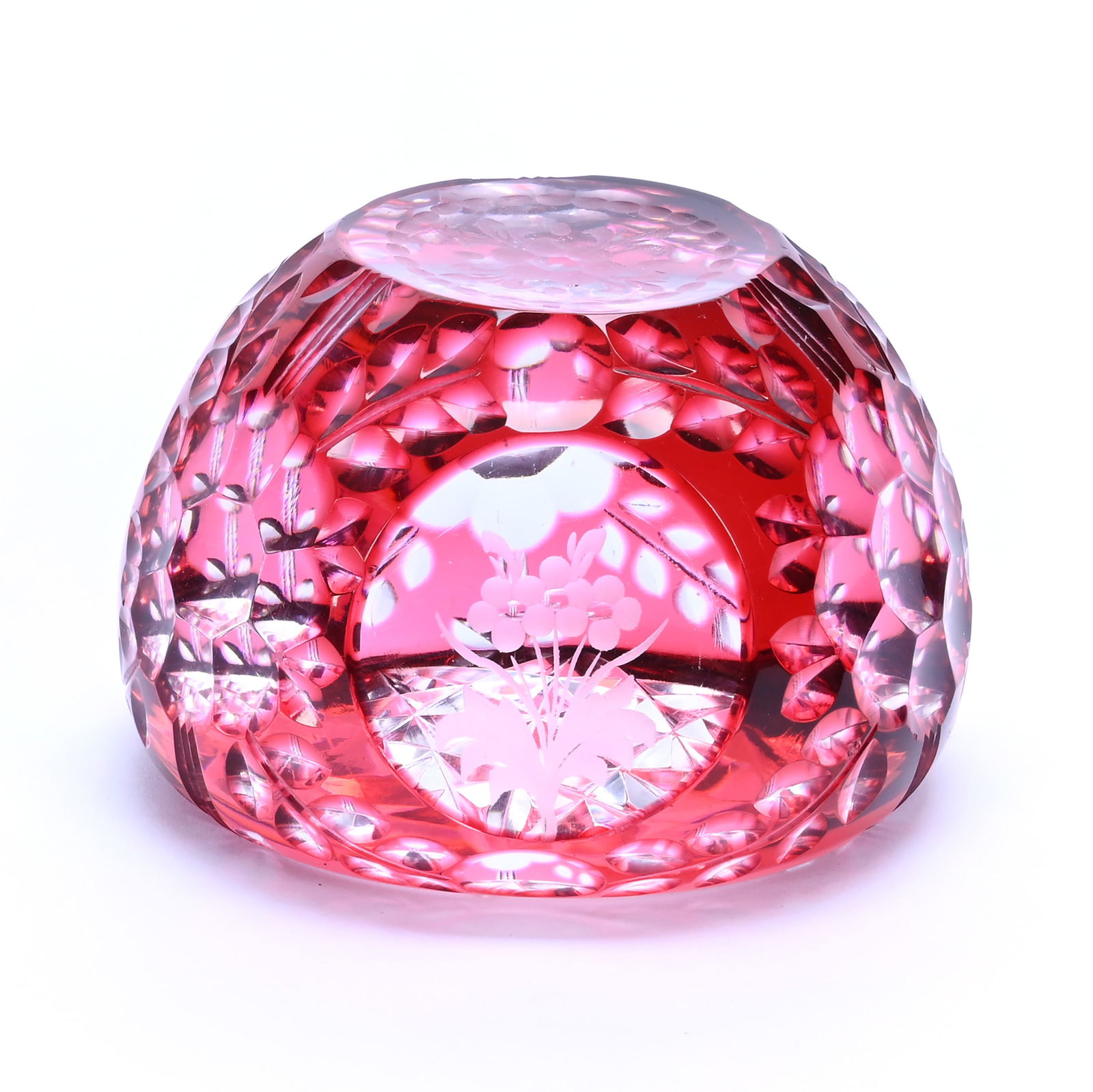 Paperweight, Brilliant Period Cut Glass, Cranberry Cut To Clear: Paperweight, Brilliant Period Cut Glass, Cranberry Cut To Clear, 2.5" x 3.75", Four Windows With Engraved Floral Highlights, Cut Optic Floral Highlights, Hobstar Base, Attributed To Val St. Lambert, P