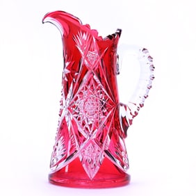 Water Pitcher, Brilliant Period Cut Glass, Red Cut To Clear