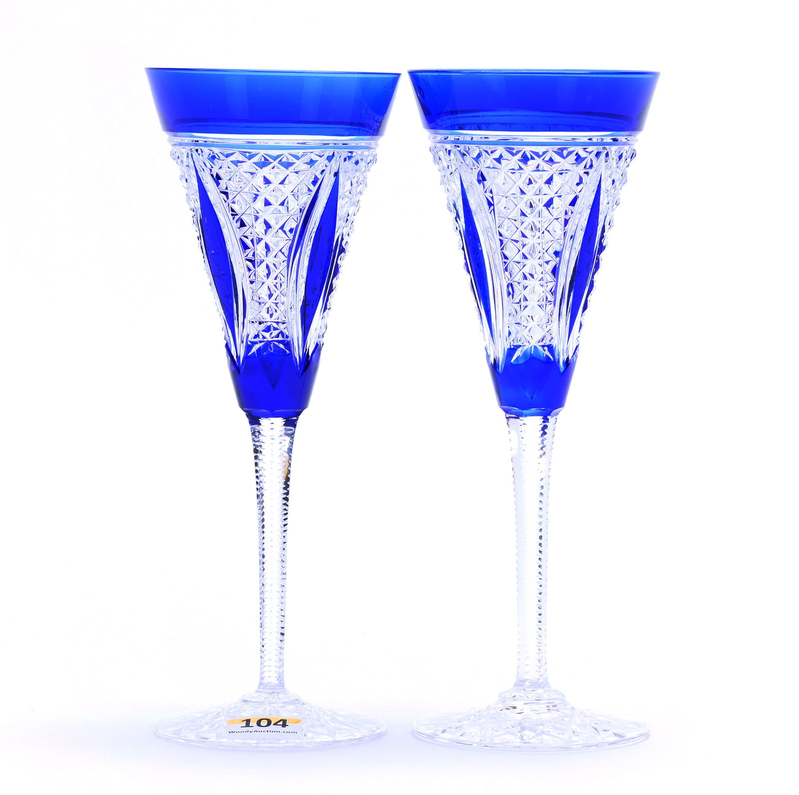 Pair Champagne Stems, Fluted, Brilliant Period Cut Glass, Cobalt Blue Cut To Clear (1 of 3)