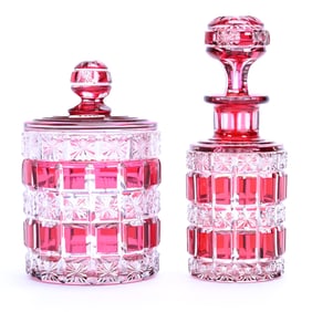 (2) Red Cut To Clear Items, Panels And Stars Pattern By Val St. Lambert