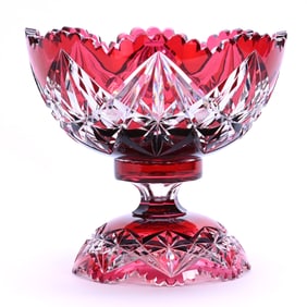 Punch Bowl, Two Part, Brilliant Period Cut Glass, Red Cut To Clear