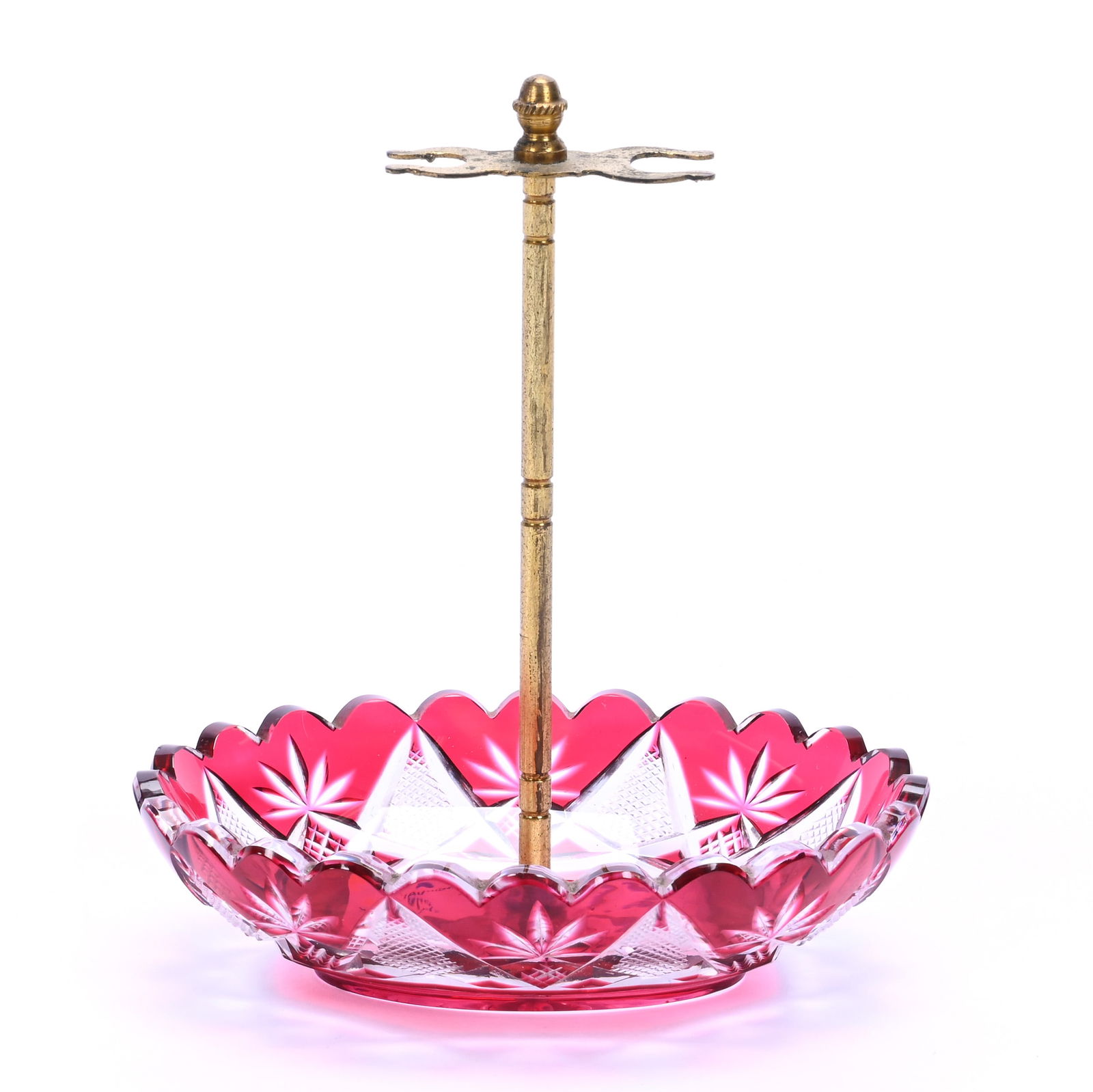 Toothbrush Holder/Dish, Brilliant Period Cut Glass, Red Cut To Clear: Toothbrush Holder/Dish, Brilliant Period Cut Glass, Red Cut To Clear, 5.75" x 4.75" x 3.75", Berncastel Pattern By Val St. Lambert, Circa 1905, Private Collection.