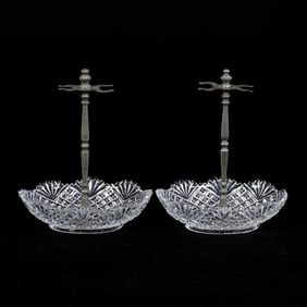 Pair Toothbrush Holders/Dishes, Molded Crosscut Diamond & Fan Marked Val St. Lambert Belguim