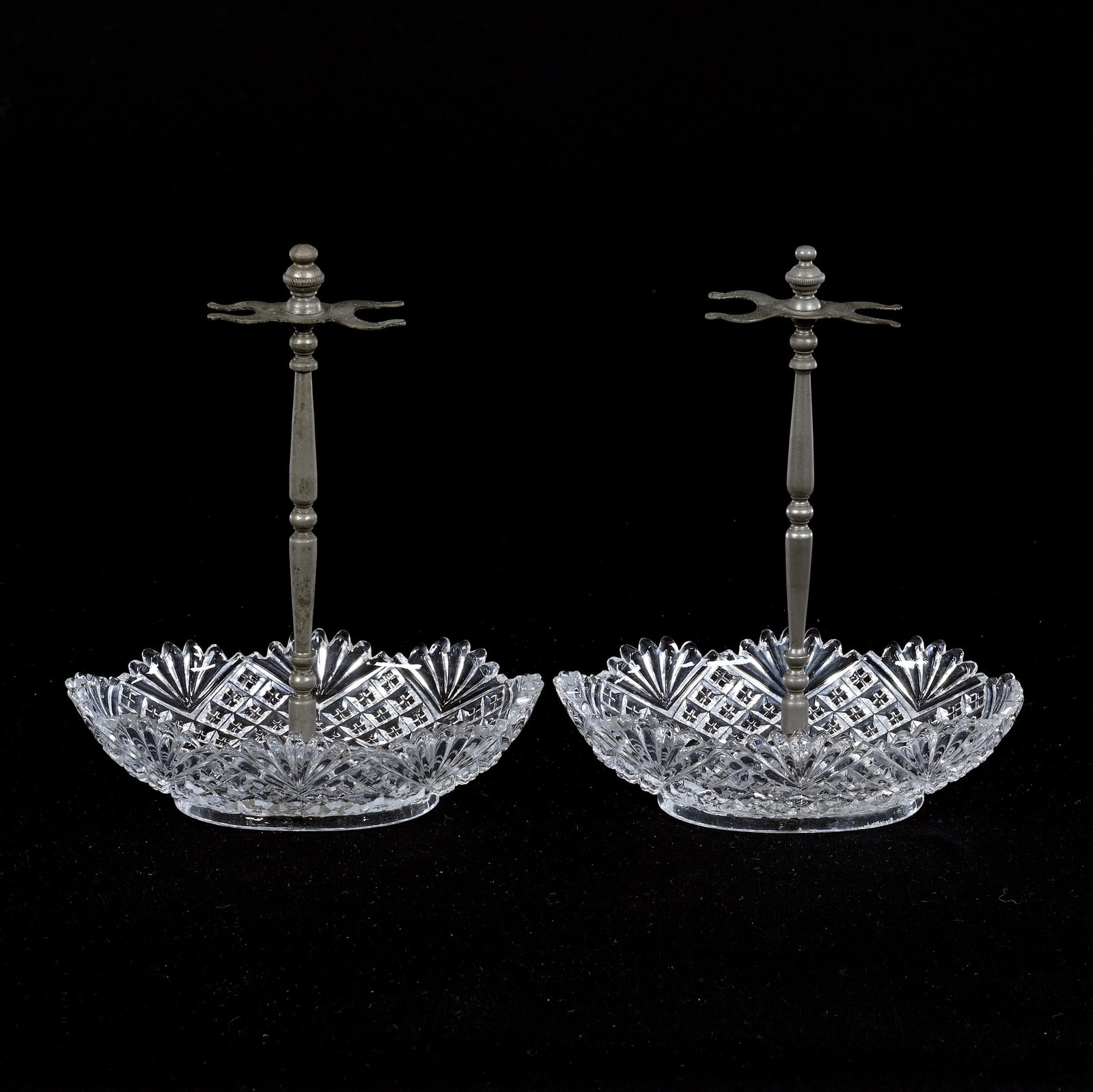 Pair Toothbrush Holders/Dishes, Molded Crosscut Diamond & Fan Marked Val St. Lambert Belguim: Pair Toothbrush Holders/Dishes, Molded Crosscut Diamond And Fan Marked Val St. Lambert Belguim, 6" x 4.75" x 3.5", Clear Glass, Private Collection.