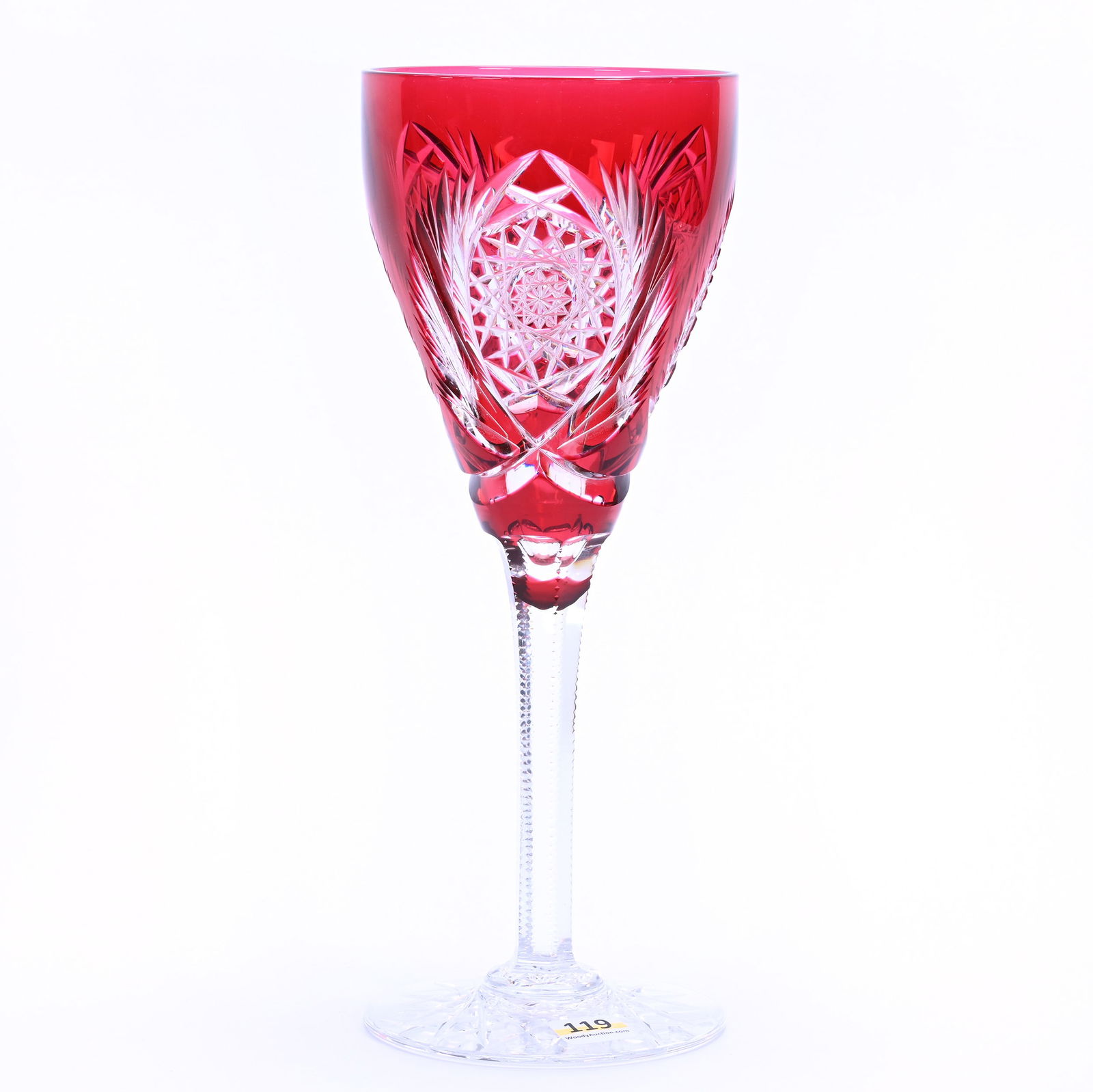 Chalice, Brilliant Period Cut Glass, Red Cut To Clear Elsie Pattern By Val St. Lambert: Chalice, Brilliant Period Cut Glass, Red Cut To Clear Elsie Pattern By Val St. Lambert, 11" x 4.25", Circa 1910, Hobstar Foot, Private Collection.