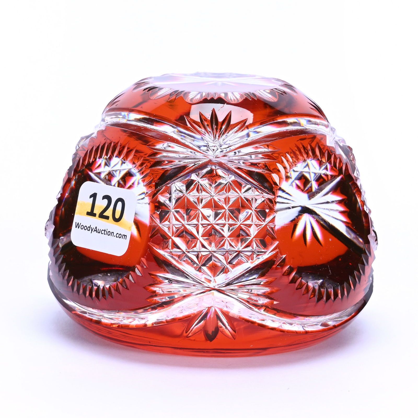 Paperweight, Brilliant Period Cut Glass, Tangerine Cut To Clear, Attributed To Val St. Lambert: Paperweight, Brilliant Period Cut Glass, Tangerine Cut To Clear, Attributed To Val St. Lambert, 2.75" x 3.75", Five Windows With Hobstar, Diamond, Fan And Miter Highlights, Hobstar Base, Private Colle