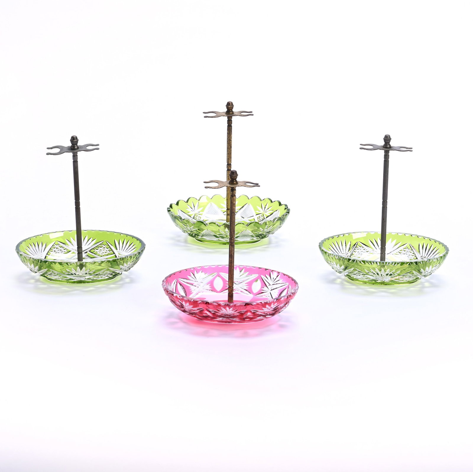(4) Toothbrush Holders/Dishes, Brilliant Period Cut Glass, By Val St. Lambert: (4) Toothbrush Holders/Dishes, Brilliant Period Cut Glass, By Val St. Lambert, 5.75" x 4.75" x 3.75", Various Patterns, (3) Green Cut To Clear, (1) Cranberry Cut To Clear, One Cranberry And One Green 