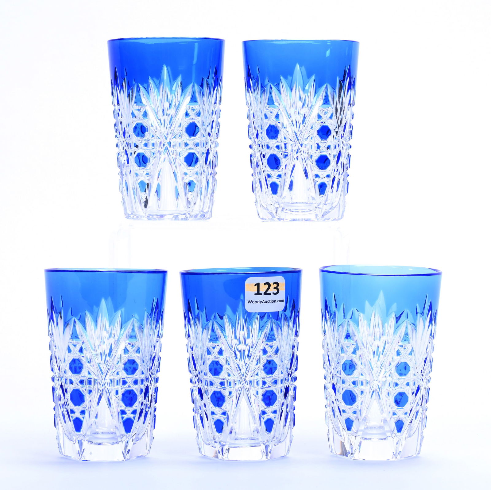 (5) Juice Glasses, Cut Glass, Signed Val St. Lambert, Blue Cut To Clear (1 of 4)