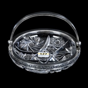 Basket, American Brilliant Cut Glass, Three Alternating Sections Of Hobstar And Pinwheel Motif