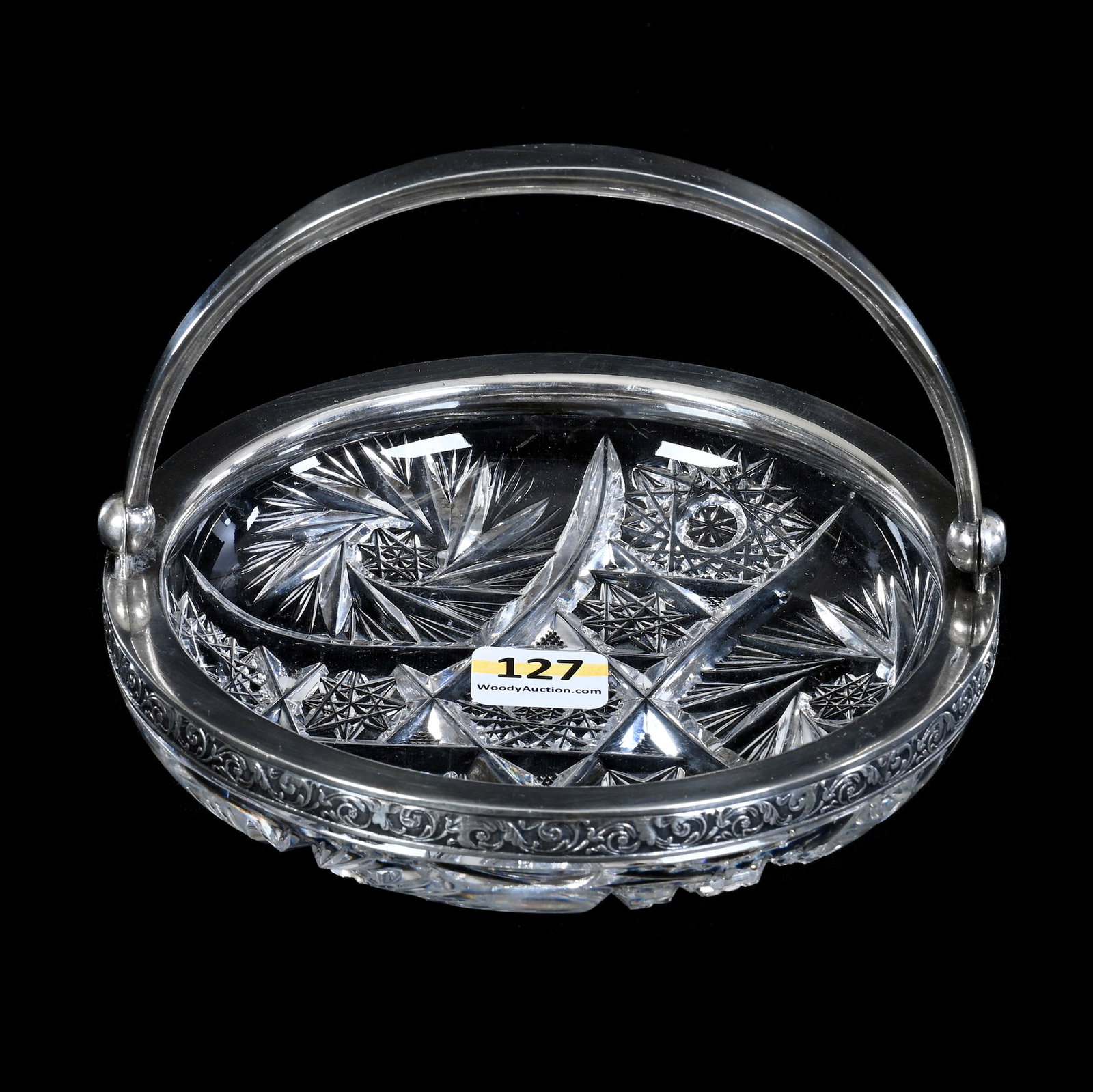 Basket, American Brilliant Cut Glass, Three Alternating Sections Of Hobstar And Pinwheel Motif: Basket, American Brilliant Cut Glass, Three Alternating Sections Of Hobstar And Pinwheel Motif, 1.75" x 5.75", Silver Hallmark #875 Rim, Mike And Sandra Hackney Collection, Georgia.