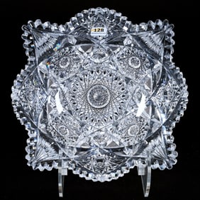 Square Bowl, American Brilliant Cut Glass, Hobstar, Vesica, Crosshatch & Fan Motif