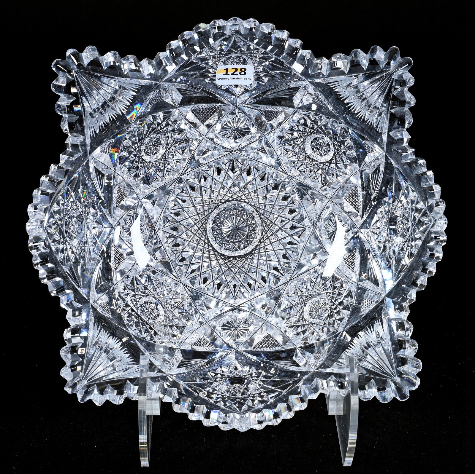Square Bowl, American Brilliant Cut Glass, Hobstar, Vesica, Crosshatch & Fan Motif: Square Bowl, American Brilliant Cut Glass, Hobstar, Vesica, Crosshatch And Fan Motif, 9.5", Small Chip On One Tooth, Mike And Sandra Hackney Collection, Georgia.