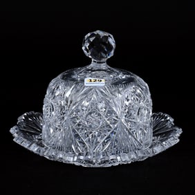 Covered Butterdish, American Brilliant Cut Glass, Six-Point Star With Hobstar & Fan Highlights