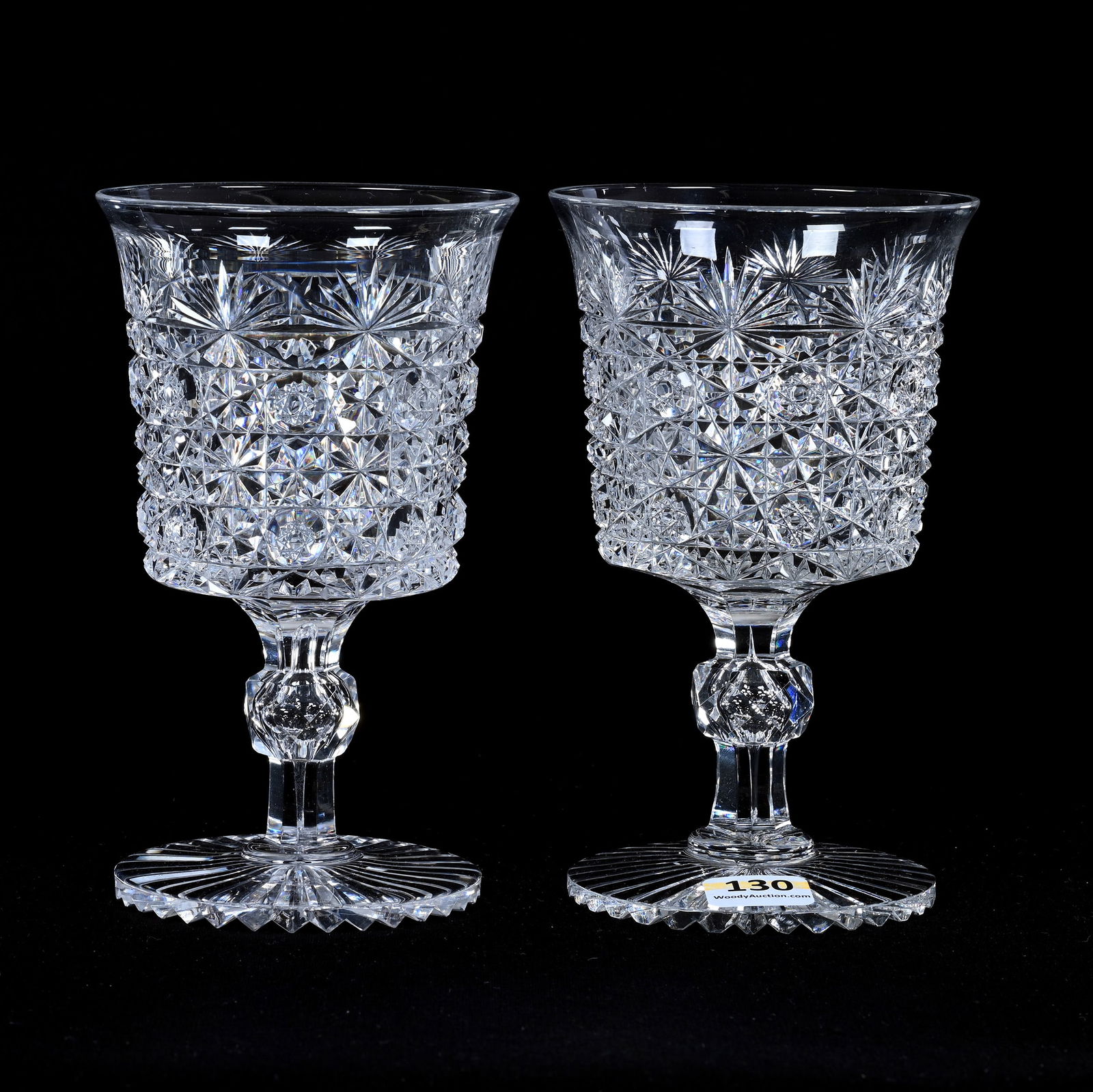 Pair Goblets, American Brilliant Cut Glass, Persian Russian Pattern By Hawkes: Pair Goblets, American Brilliant Cut Glass, Persian Russian Pattern By Hawkes, 6" x 3.5", Facet Cut Knob Stem, Ray Cut Foot, Base Chip On One, Base Bruise On One, Mike And Sandra Hackney Collection, G