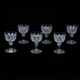 (6) Wine Stems, American Brilliant Cut Glass, Russian Pattern With Star Cut Buttons