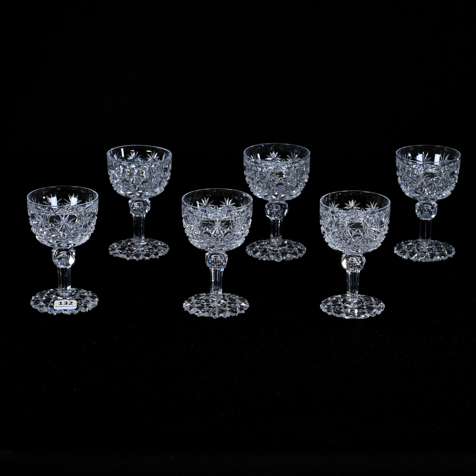 (6) Wine Stems, American Brilliant Cut Glass, Russian Pattern With Star Cut Buttons: (6) Wine Stems, American Brilliant Cut Glass, Russian Pattern With Star Cut Buttons, 4.5" x 2.75", Full Scalloped Pattern Cut Foot, Nice Set, One With Rim Trim, Mike And Sandra Hackney Collection, Geo