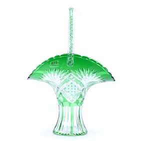 Basket, Brilliant Period Cut Glass, Green Cut To Clear, Attributed To Val St. Lambert
