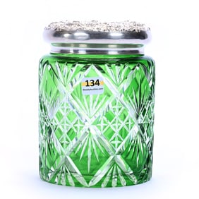 Biscuit Jar, Brilliant Period Cut Glass, Green Cut To Clear