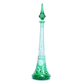 Decanter, Steeple Shape, Brilliant Period Cut Glass, Green Cut To Clear