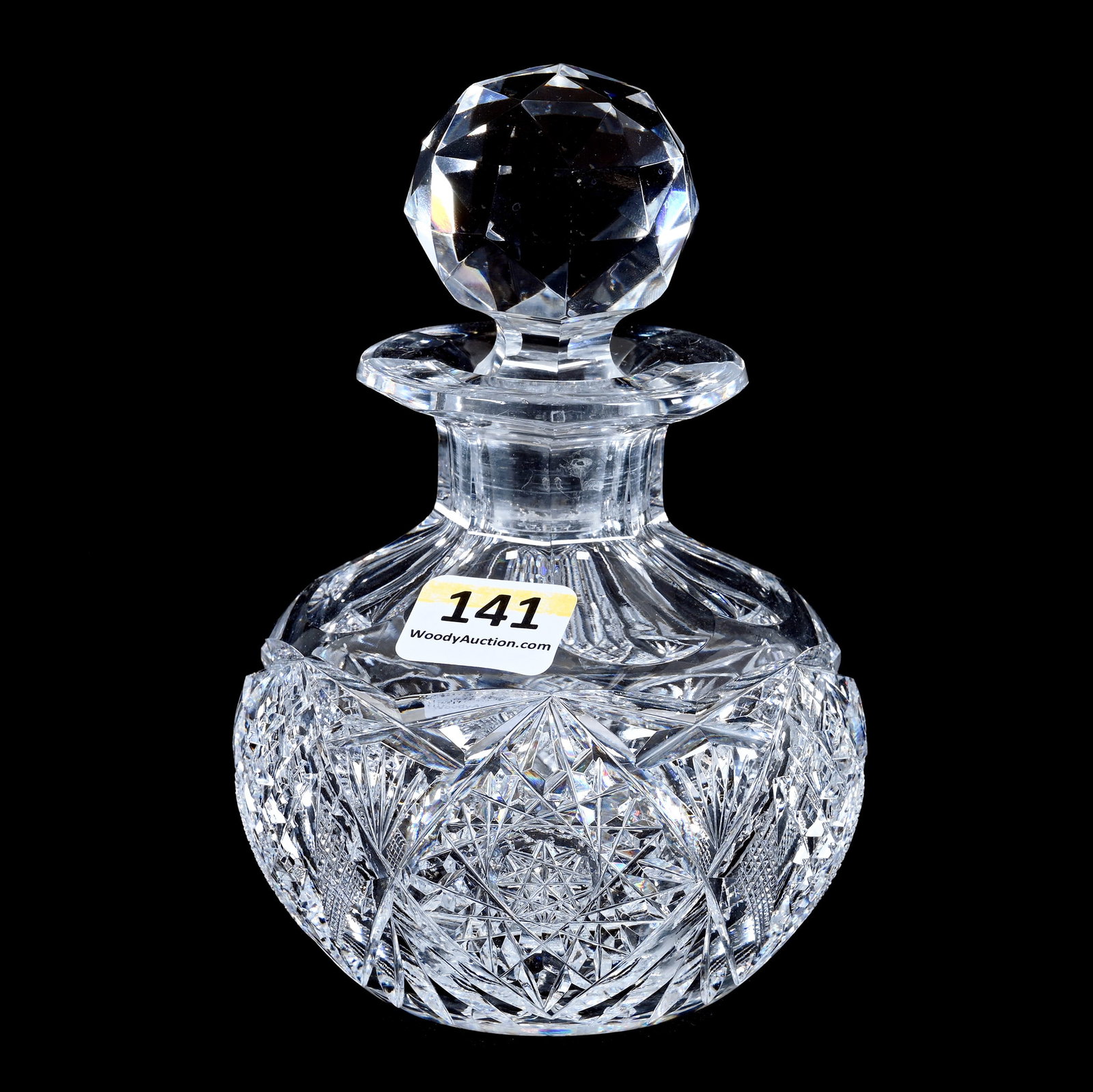 Cologne Bottle, American Brilliant Cut Glass, Hobstar, Crosshatch, Crosscut Diamond & Fan Motif: Cologne Bottle, American Brilliant Cut Glass, Hobstar, Crosshatch, Crosscut Diamond And Fan Motif, 5.5" x 3.5", Hobstar Cut Base, Mike And Sandra Hackney Collection, Georgia.