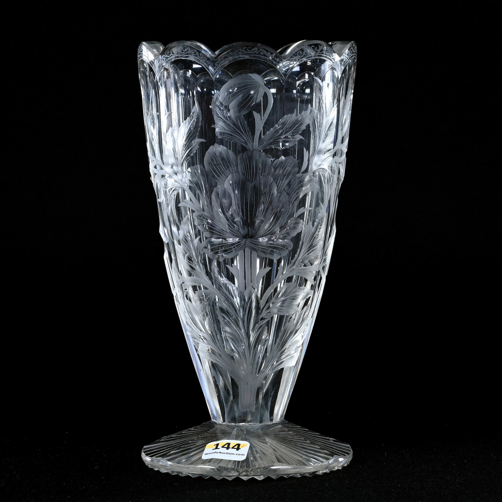 Pedestal Vase, American Brilliant Cut Glass, Flute Pattern With Finely Engraved Poppy Decor: Pedestal Vase, American Brilliant Cut Glass, Flute Pattern With Finely Engraved Poppy Decor, 8.5" x 4.25", Ray Cut Foot, Very Nice Quality, Unidentified Maker, Mike And Sandra Hackney Collection, Geor
