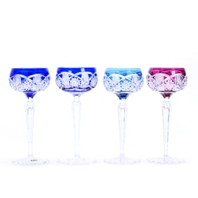 (4) Wine Stems, Brilliant Period Cut Glass, Color Cut To Clear