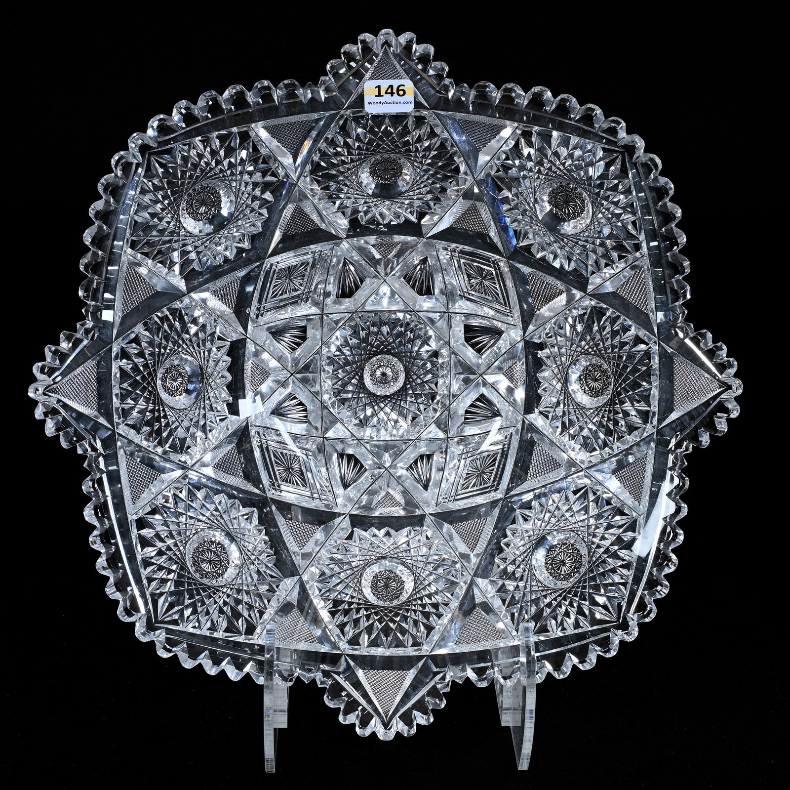 Square Bowl, American Brilliant Cut Glass, Very Well Cut Hobstar, Crosshatch, Star And Fan Motif: Square Bowl, American Brilliant Cut Glass, Very Well Cut Hobstar, Crosshatch, Star And Fan Motif, 12.75", Nice Size, Mike And Sandra Hackney Collection, Georgia.