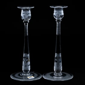 Pair Candlesticks, American Brilliant Cut Glass, Engraved Floral Design Attributed To Libbey