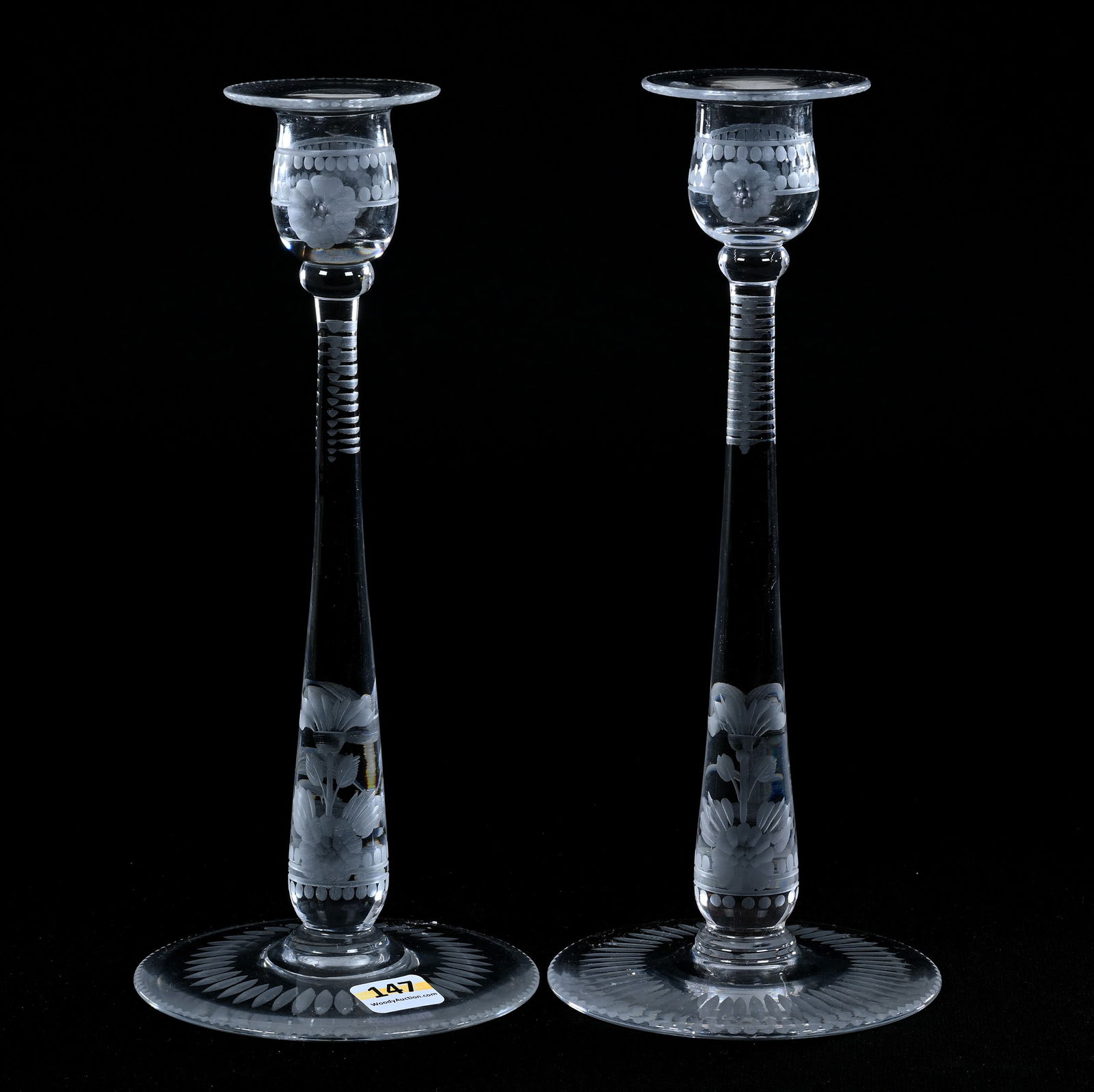 Pair Candlesticks, American Brilliant Cut Glass, Engraved Floral Design Attributed To Libbey (1 of 2)