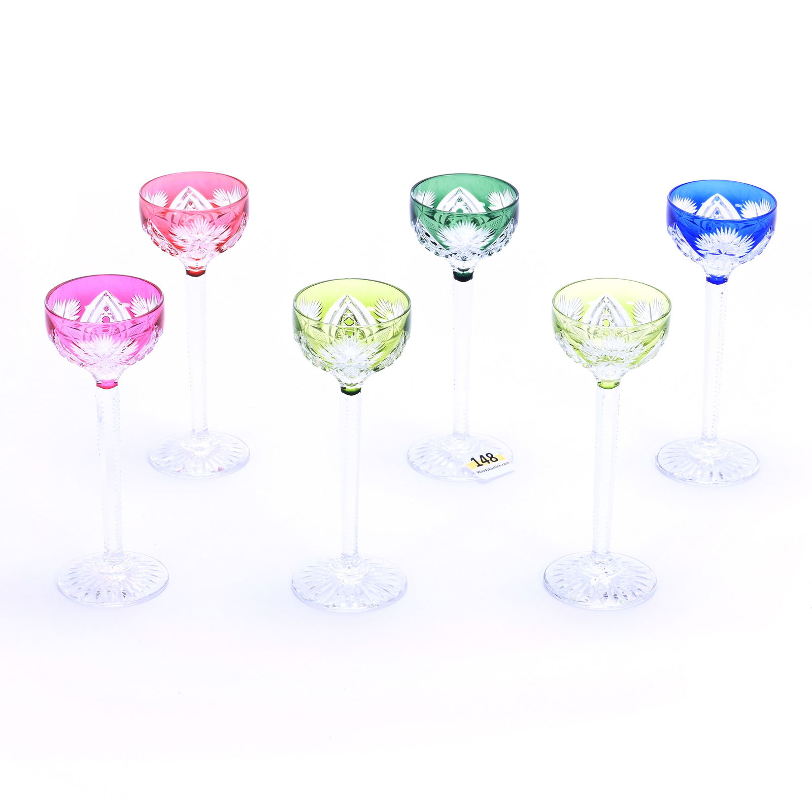 (6) Cordial Stems, Brilliant Period Cut Glass, Color Cut To Clear (1 of 3)