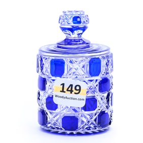 Round Covered Jar, Brilliant Period Cut Glass, Cobalt Blue Cut To Clear