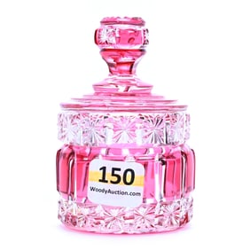 Round Covered Jar, Brilliant Period Cut Glass, Cranberry Cut To Clear