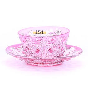 Ramekin & Underplate, American Brilliant Cut Glass, Cranberry Cut To Clear